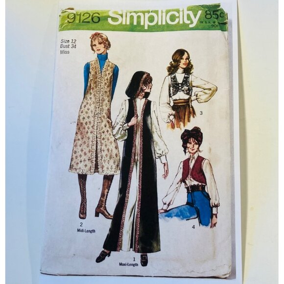 1970s Set of Vests with Hood Sewing Pattern Simplicity 9126 NO ENVELOPE Size 12 - Picture 1 of 7